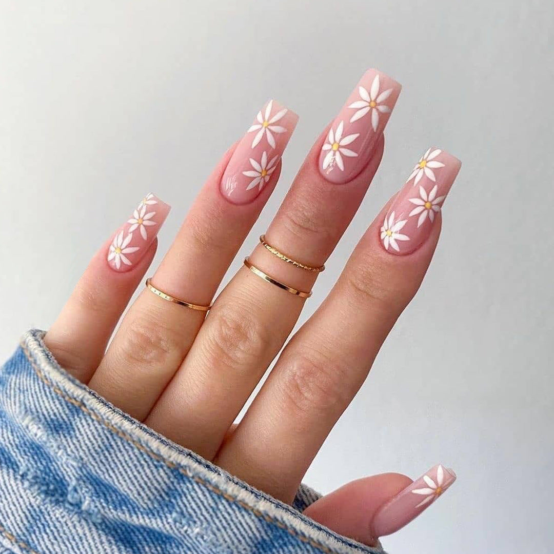Pink Daisy Ballerina,Ellie Vincy Press on Nails,  Coffin,, Pink press on nails,24 pcs, False nails,Reusable,Glue on nails,Sticky on nails,Pop on nails