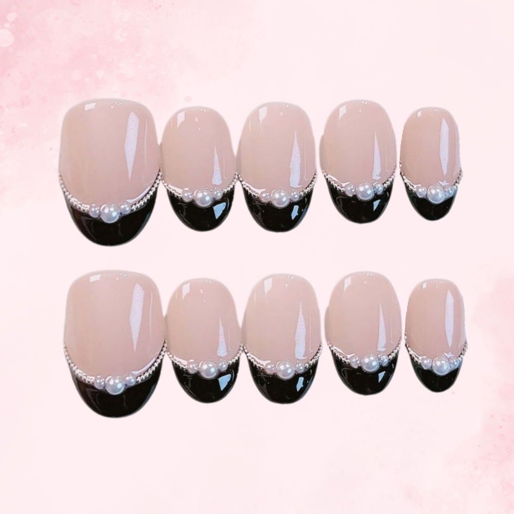 3D Pearl French | Handmade Nails,Ellie Vincy,ShortAlmond,Cute, French tip,HandmadeWhite, Black, Pink press on nails,10 pcs, false nails,reusable,glue on nails
