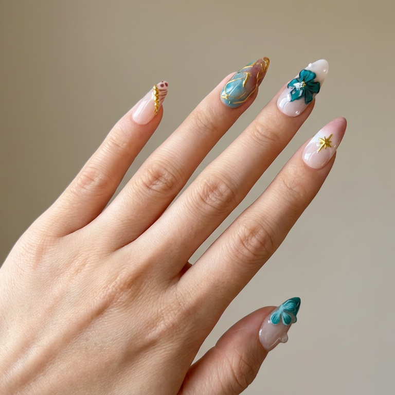 Hand with teal and white nail polish on a neutral background