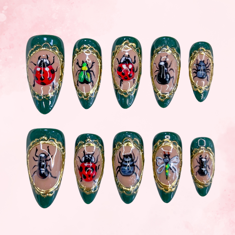 Beetle Garden| Handmade Nails,Ellie Vincy Press on Nails,Long, Medium  Almond,Glitter, Metallic, Abstract, Animal print,Handmade Green, Nude press on nails,10 pcs, false nails,reusable,glue on nails