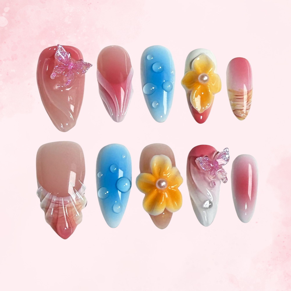 3D Floral & Butterfly | Handmade Nails,Ellie Vincy Press on Nails,Medium  Almond,Glitter, Floral, Solid color,Handmade Pink, Yellow, Blue press on nails,10 pcs, false nails,reusable,glue on nails