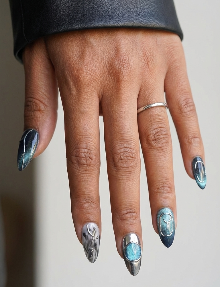 ellie vincy press on nails  Oceanic Edge | Handmade Nails Almond  Blue  Abstract, Metallic, Geometric, Chrome