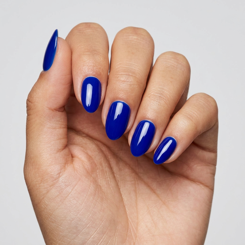 Hand with blue nail polish on a plain background