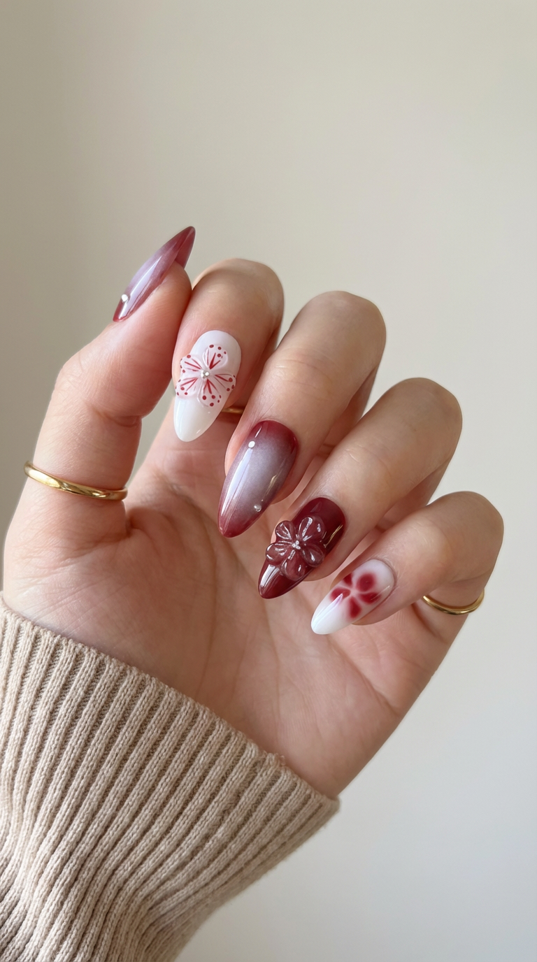 ellie vincy press on nails  Berry Bloom | Handmade Nails Almond  Brown, Red  Cute, Floral, French tip, Solid color