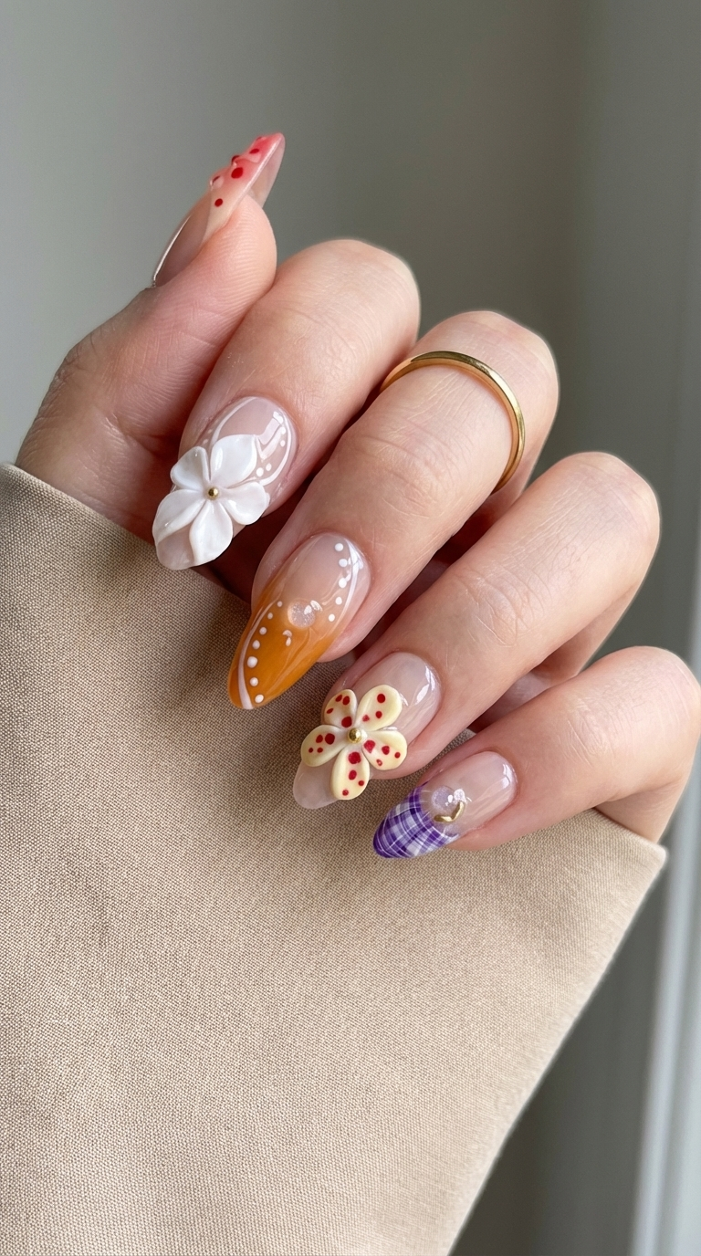 Ellie Vincy Press on Nails  Dewy Floral | Handmade Nails Almond  Pink, White, Orange  Floral