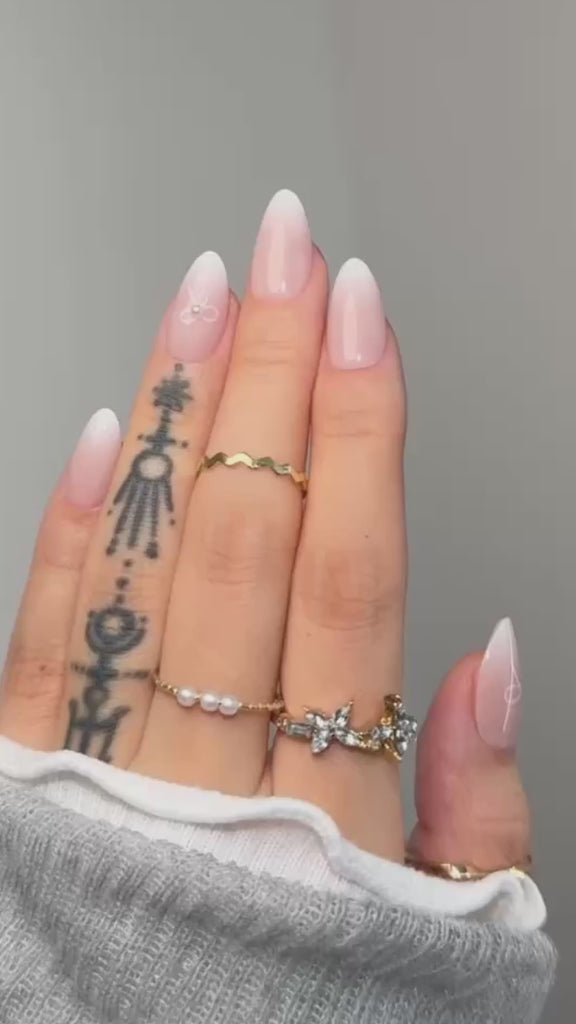 pink nails, pink white nails, bow tie nails, pearl nails, white ombre nails, milky white ombre nails, press on nails, glued-on nails