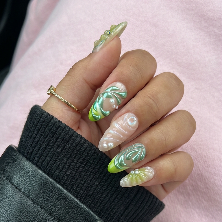 ellie vincy press on nails  Green Oasis | Handmade Nails Almond  Green  Cute, Floral, Natural