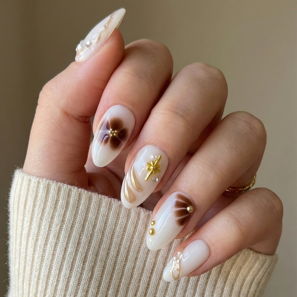 Hand with decorative nail art wearing a beige sweater against a neutral background