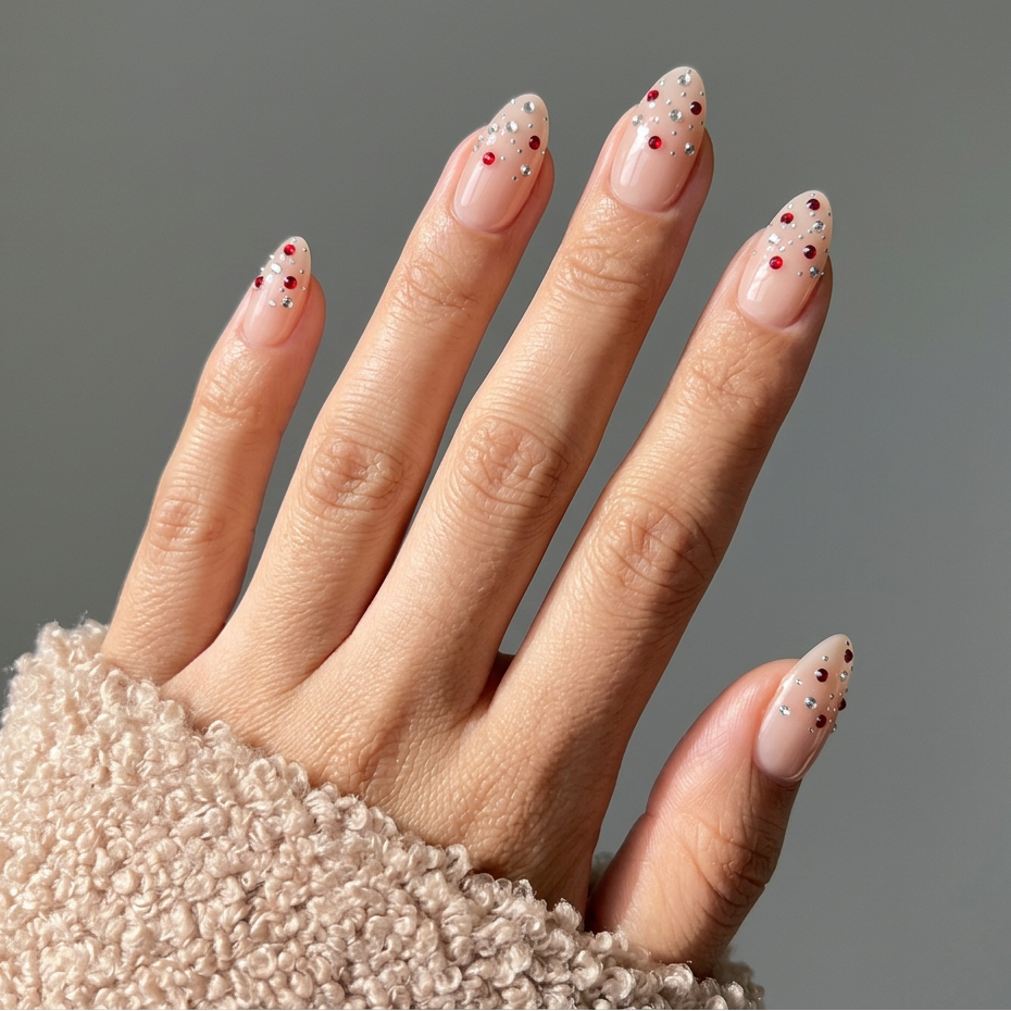 Hand with decorated nails wearing a textured beige sleeve against a gray background